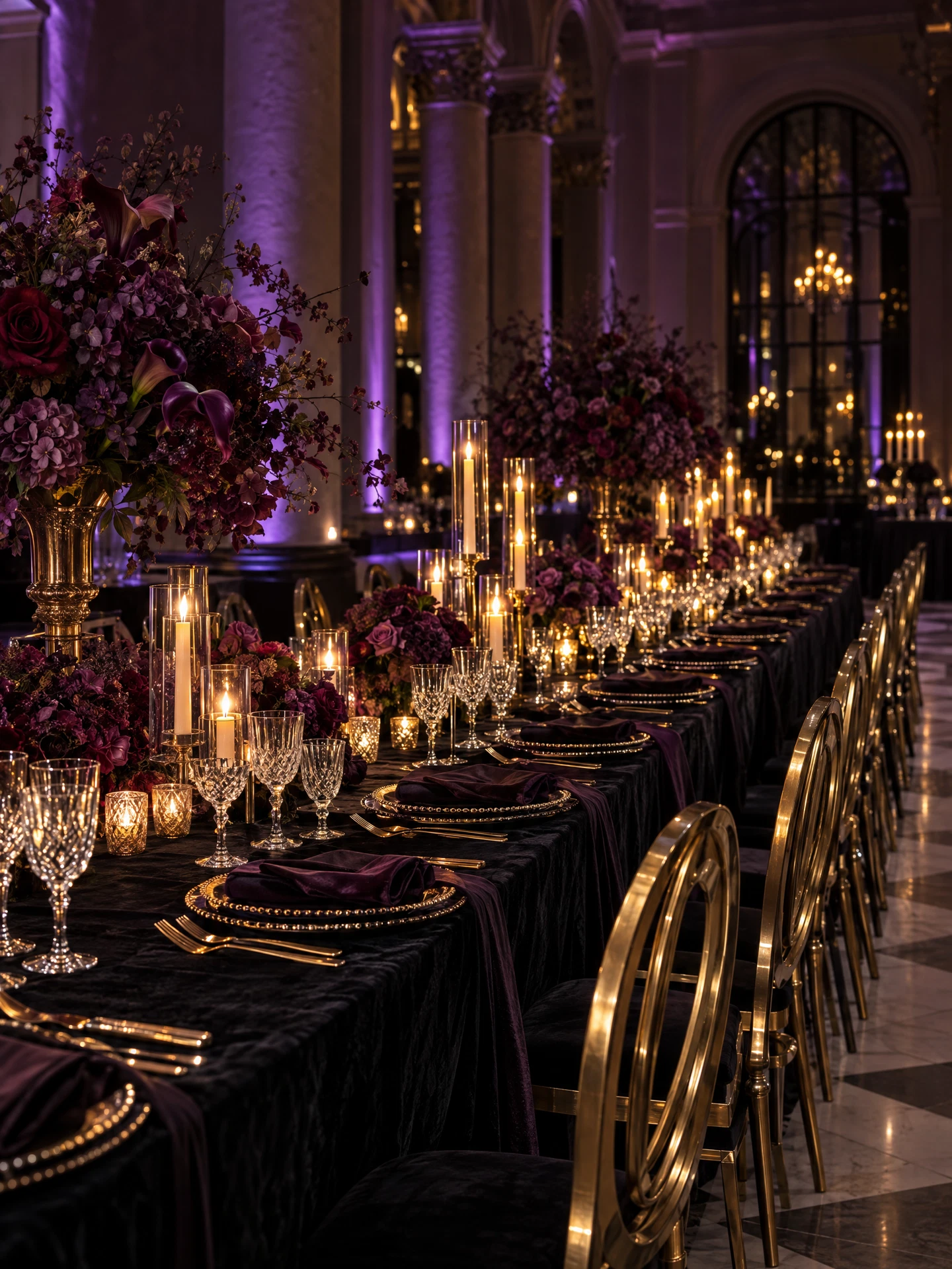 Celebration design inspiration with purple floral arrangements and gold details