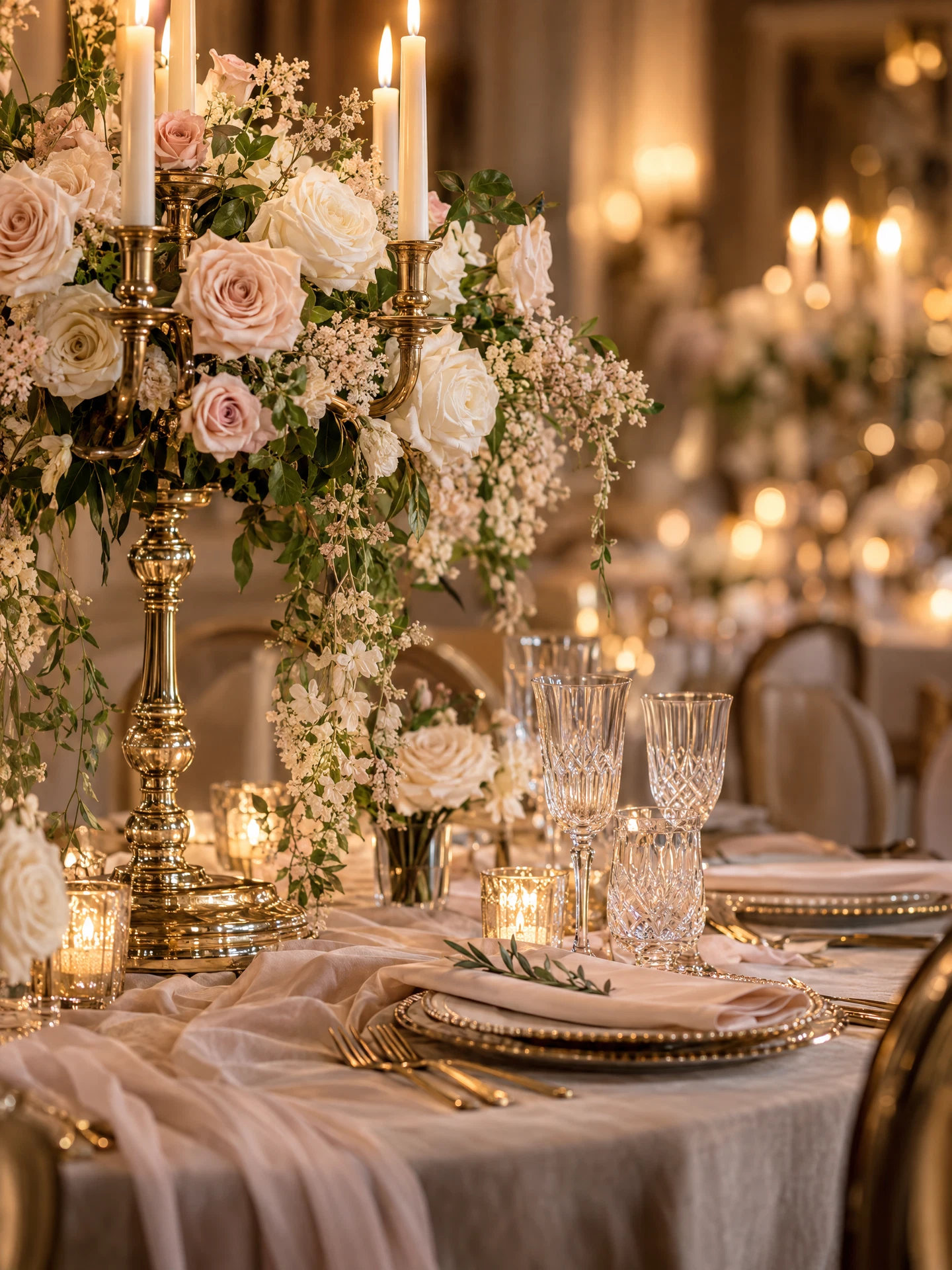 Wedding design inspiration with ivory florals and golden candlelight